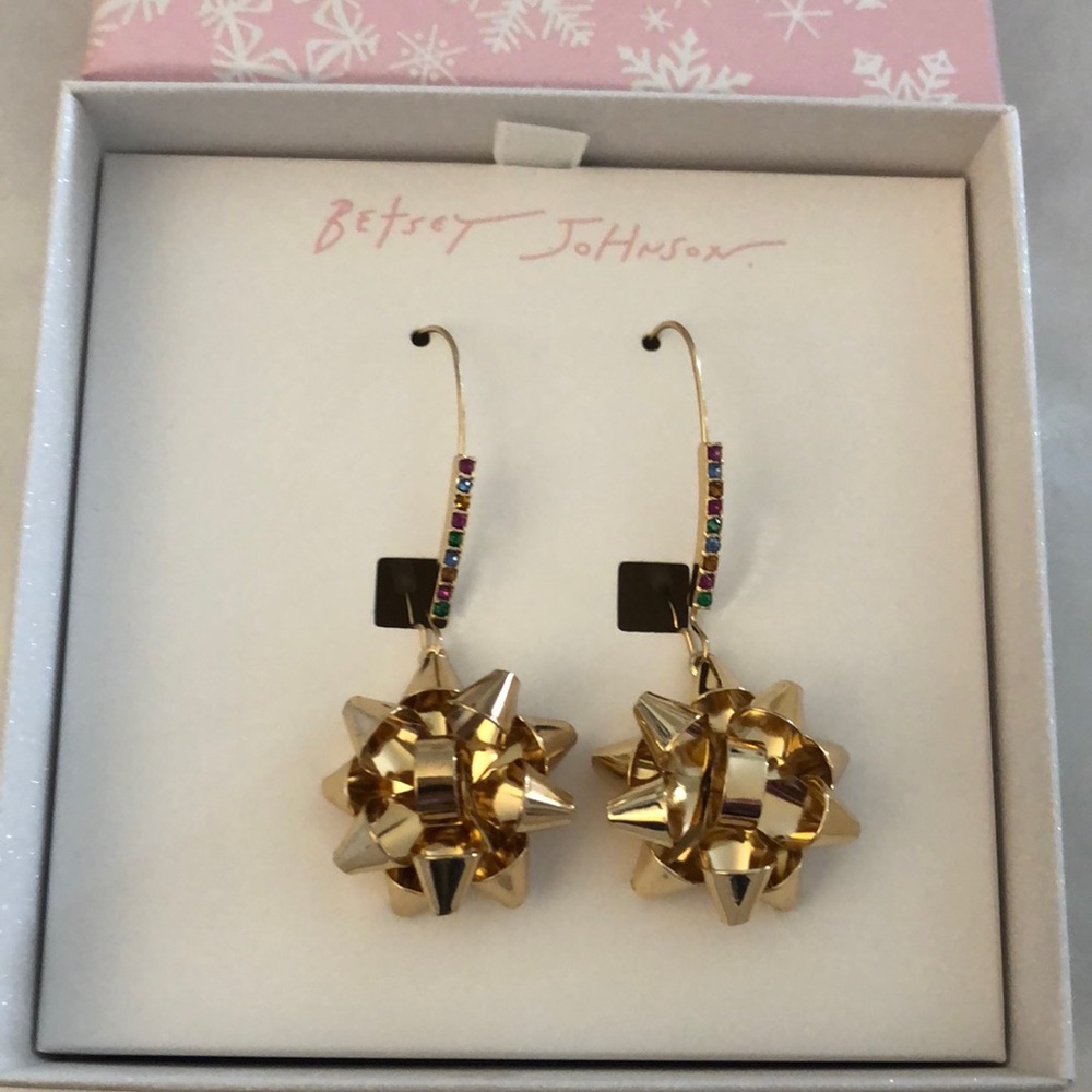 Betsey Johnson Gold Tone Metal Christmas Bow Drop Earrings Crystal Accents NIB